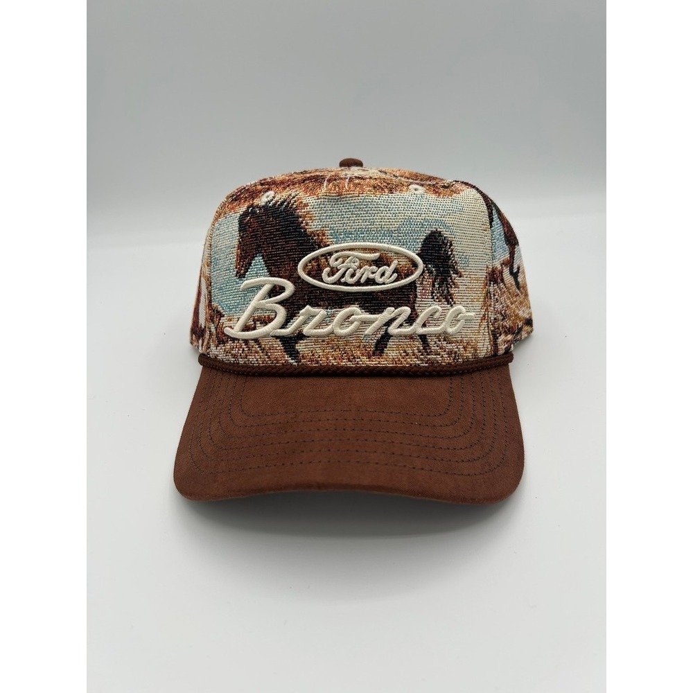 Ford Bronco Tapestry Trucker Hat Brown Horse Scene Snapback Cap NWT Licensed